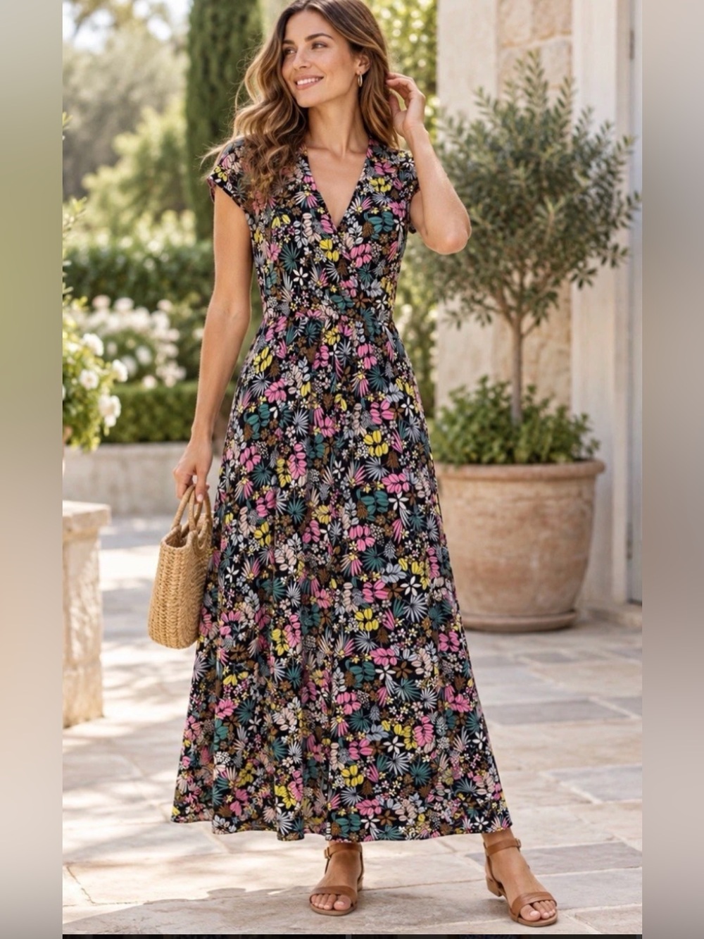 Boden Floral V-Neck Maxi Dress - Black Multi 10